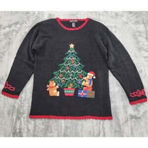 Vintage Work in Progress Embroidered Beaded Christmas Tree Sweater Size M Black